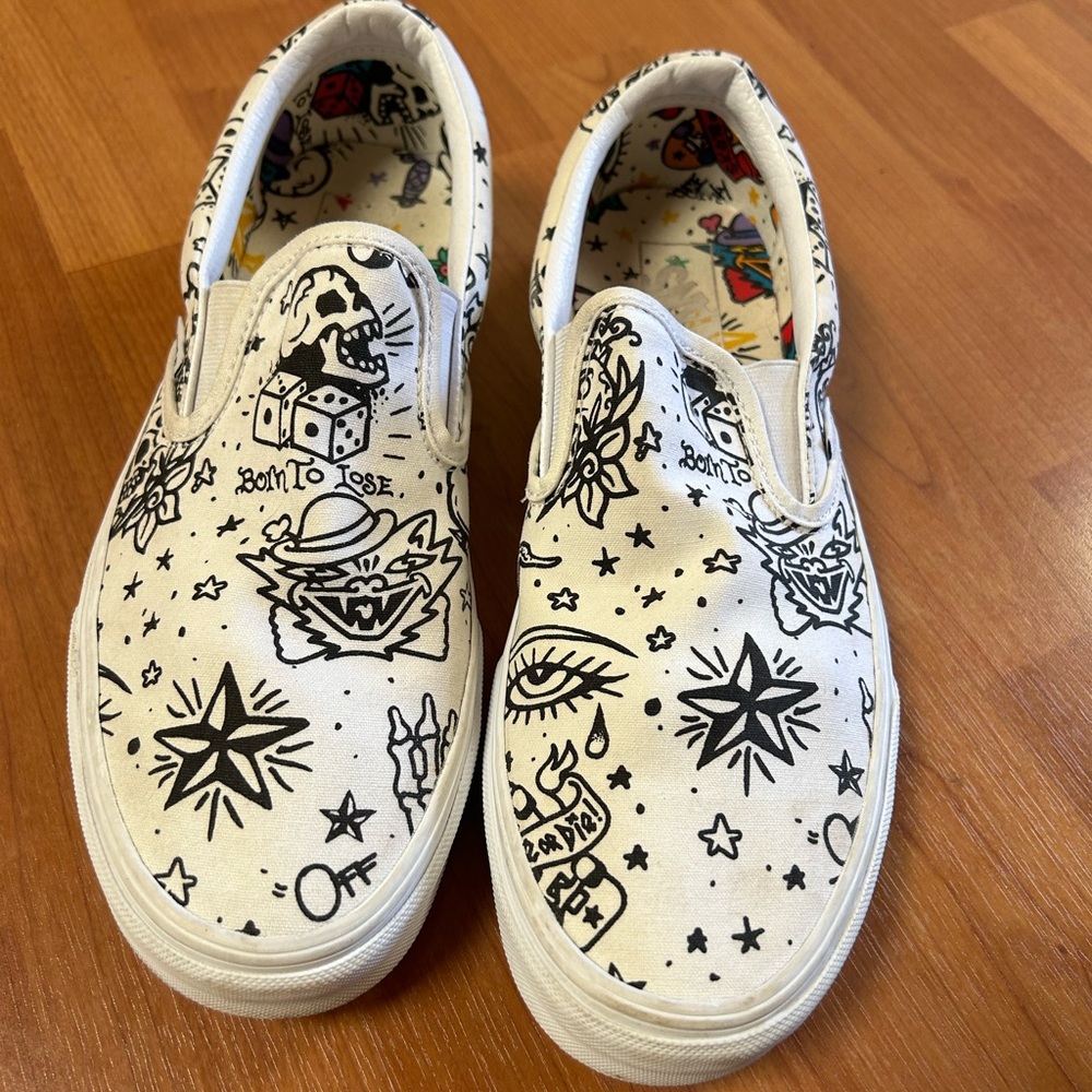 Vans classic slip on tattoo true white comic Halloween men 10 women 12